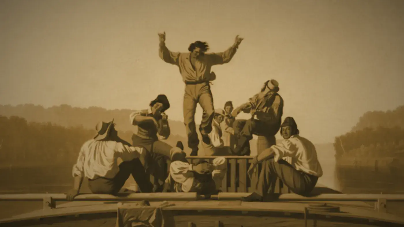 A painting of flatboatmen on a river: one man dances on a crate while others play a fiddle and a pan and the crew sits around to watch